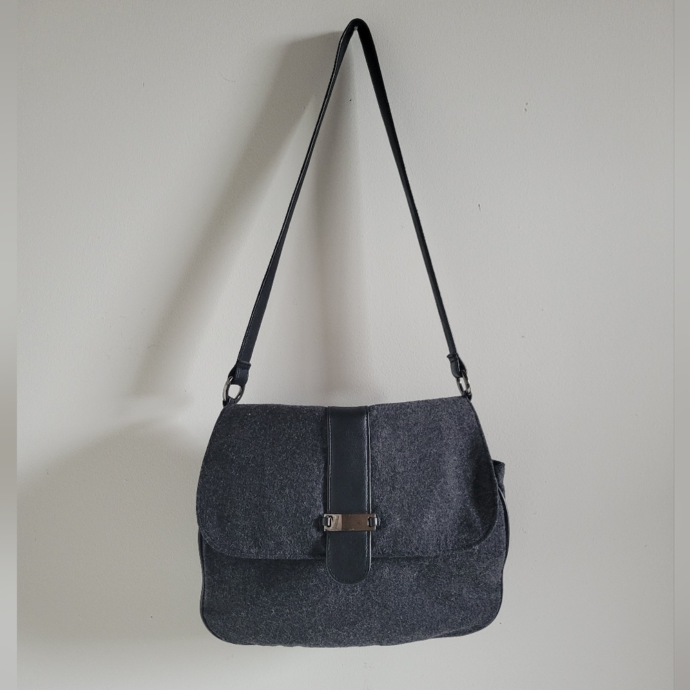 Vintage Wool Blend Gray And Black Crossbody Purse Satchel Messenger Bag